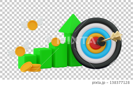 3d hitting dart target and flying coins with wings 138377128