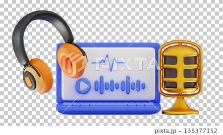 3d Podcast concept Headphones for listening audiobook 3d Podcast concept Headphones for listening audiobook 138377152