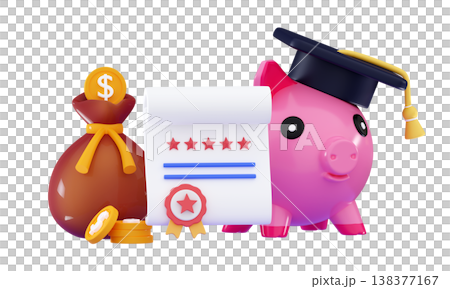 3D Student loan concept Piggy bank, graduation cap, money bag, diploma, coins 138377167
