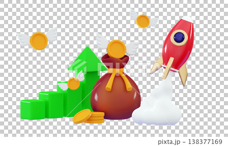 3d flying space rocket with coin wing, trading graph and money bag 3d flying space rocket with coin wing, trading graph and money bag 138377169