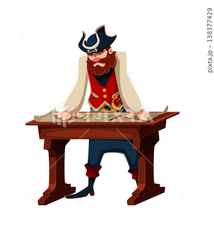Brave pirate captain cartoon character. Bearded corsair in tricorn hat and red vest, leaning over a treasure map with a thoughtful expression. Cartoon vector sailor for game and adventure graphics 138377429