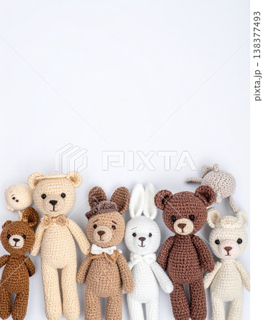 knitted bear dolls and animals in a flat lay with copy space for tex knitted bear dolls and animals in a flat lay with copy space for tex 138377493