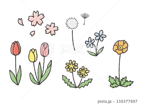 春の花の手描きイラストセット 138377897