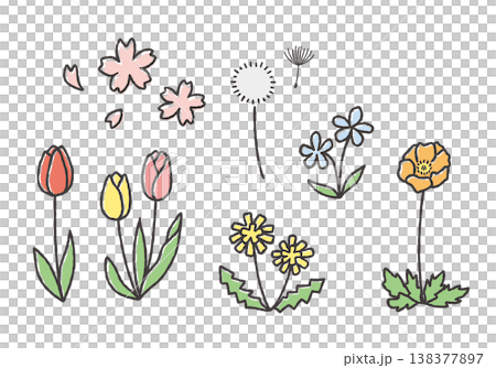 春の花の手描きイラストセット 138377897