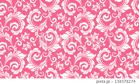 Wallpaper in the style of Baroque. White and pink floral ornament. Seamless vector background. Graphic pattern for fabric, wallpaper, packaging. Ornate Damask flower illustration 138378274