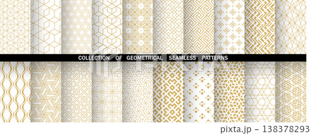 Geometric set of seamless golden and white patterns. Simple vector graphics 138378293