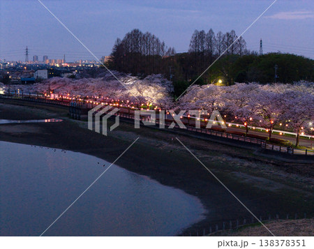 川越市の夜景と満開の伊佐沼の夜桜　埼玉県川越市（ドローンによる空撮） 138378351