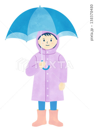 雨の日のイラスト素材　レインコートを着て傘をさす子供のイラスト　水彩風 138378480