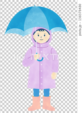 雨の日のイラスト素材　レインコートを着て傘をさす子供のイラスト　水彩風 138378480