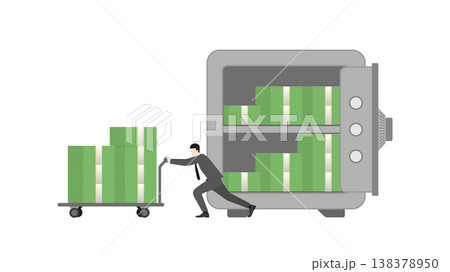 Businessman Moving Stacks of Banknotes on Trolley from Bank Vault for Emergency Fund Withdrawal and Financial Liquidity Management During Economic Downturn and War Crisis Businessman Moving Stacks of Banknotes on Trolley from Bank Vault for Emergency Fund Withdrawal and Financial Liquidity Management During Economic Downturn and War Crisis 138378950