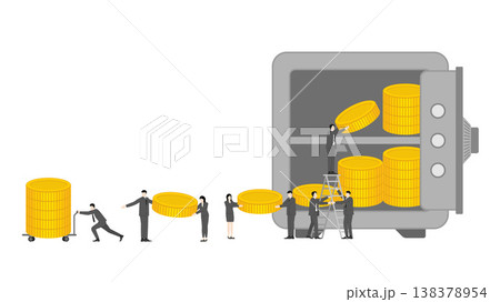 Group of Business Professionals Working Together to Move Huge Gold Coins from Vault to Address Financial Instability and Monetary Reserve Management During Global Economic Conflict Group of Business Professionals Working Together to Move Huge Gold Coins from Vault to Address Financial Instability and Monetary Reserve Management During Global Economic Conflict 138378954