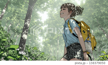 初夏の森でトレッキングを楽しむ若い女性｜新緑とアウトドアの爽やかなライフスタイル