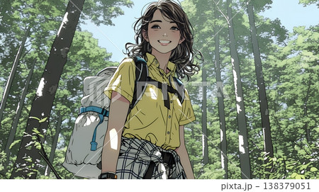 初夏の森でトレッキングを楽しむ若い女性｜新緑とアウトドアの爽やかなライフスタイル