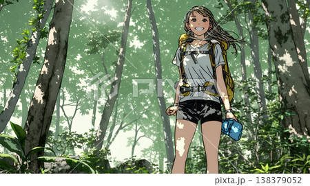 初夏の森でトレッキングを楽しむ若い女性｜新緑とアウトドアの爽やかなライフスタイル