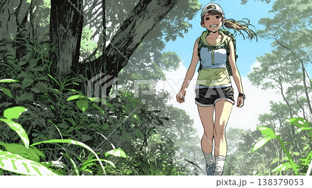 初夏の森でトレッキングを楽しむ若い女性｜新緑とアウトドアの爽やかなライフスタイル