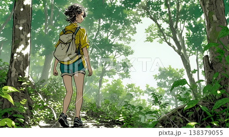 初夏の森でトレッキングを楽しむ若い女性｜新緑とアウトドアの爽やかなライフスタイル