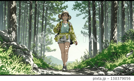 初夏の森でトレッキングを楽しむ若い女性｜新緑とアウトドアの爽やかなライフスタイル