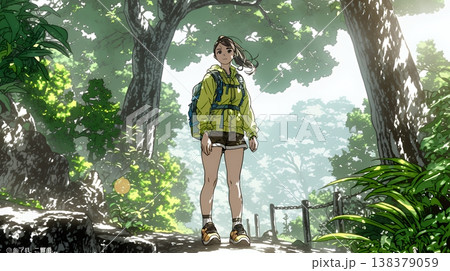 初夏の森でトレッキングを楽しむ若い女性｜新緑とアウトドアの爽やかなライフスタイル