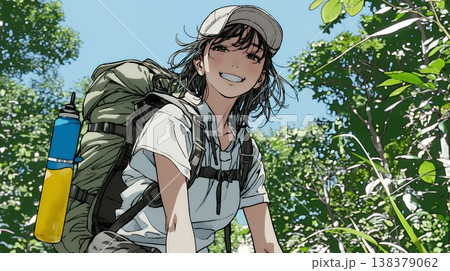 初夏の森でトレッキングを楽しむ若い女性｜新緑とアウトドアの爽やかなライフスタイル