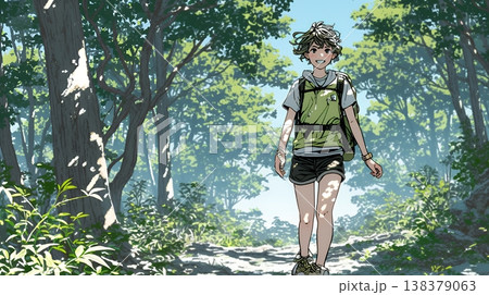 初夏の森でトレッキングを楽しむ若い女性｜新緑とアウトドアの爽やかなライフスタイル