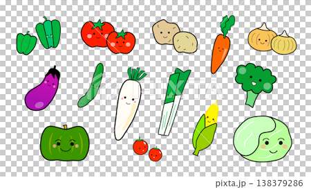 A set of illustrations of vegetables with cute faces. 138379286