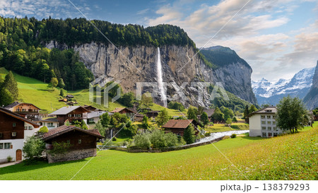 滝のあるスイスの渓谷の村の風景のイラスト 138379293