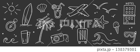 Chalk summer travel doodle icon set. Hand drawn chalkboard vacation holiday beach trip sketch on blackboard. Cute doodle sunglasses palm ice cream suitcase sun adventure. Vector Chalk summer travel doodle icon set. Hand drawn chalkboard vacation holiday beach trip sketch on blackboard. Cute doodle sunglasses palm ice cream suitcase sun adventure. Vector 138379301