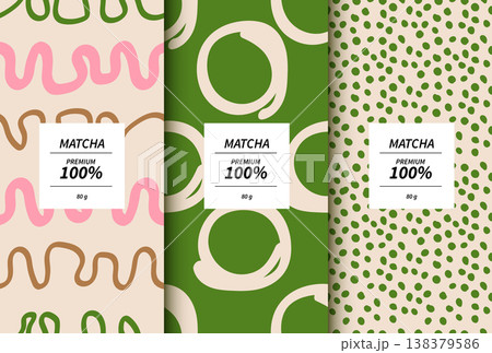 Premium matcha green tea packaging design templates with abstract hand-drawn doodle patterns. Set of product labels with pink and green seamless backgrounds for cosmetic, food or drink branding. Premium matcha green tea packaging design templates with abstract hand-drawn doodle patterns. Set of product labels with pink and green seamless backgrounds for cosmetic, food or drink branding. 138379586