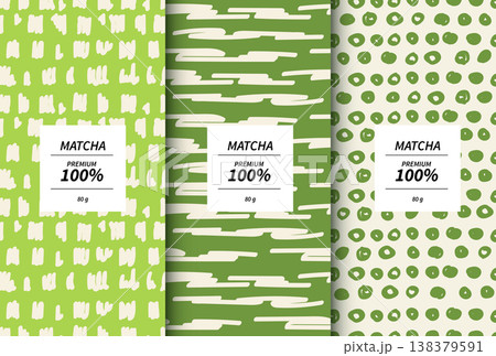 Premium matcha green tea packaging design templates with abstract hand-drawn doodle patterns. Set of product labels with pink and green seamless backgrounds for cosmetic, food or drink branding. Premium matcha green tea packaging design templates with abstract hand-drawn doodle patterns. Set of product labels with pink and green seamless backgrounds for cosmetic, food or drink branding. 138379591