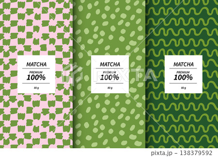 Premium matcha green tea packaging design templates with abstract hand-drawn doodle patterns. Set of product labels with pink and green seamless backgrounds for cosmetic, food or drink branding. 138379592