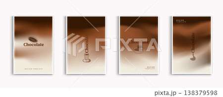 Minimalist chocolate design template set with blurred brown gradient background and hand drawn line art cocoa icons. Vector cover illustration for cafe menu, bakery packaging, poster, flyer and story. 138379598