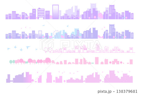 桜とシンプルな街並みのシルエットイラストのセット 背景イラスト 線画 桜とシンプルな街並みのシルエットイラストのセット 背景イラスト 線画 138379681