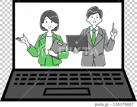 ノートパソコン画面で説明するビジネスパーソンの男女 リモート会議 138379887