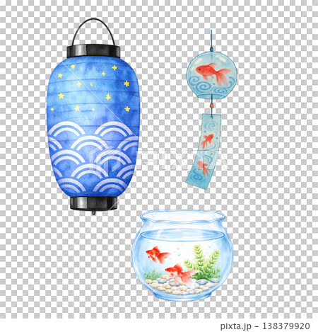 水彩插畫，描繪了紙燈籠、風鈴和金魚缸。充滿夏日日式風格的裝飾元素。清新可愛的手繪設計。 138379920