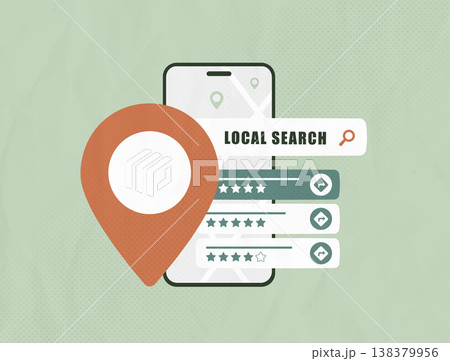 Mobile local search results interface, nearby business rating review list, smartphone geolocation discovery tool, hyperlocal map pin. Local search optimization concept, modern seo vector illustration. 138379956