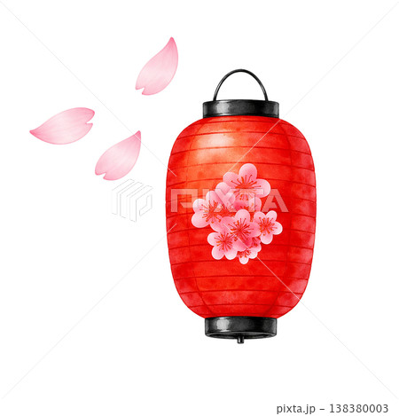 桜の花びらと提灯 水彩イラスト 春の和風あしらい素材 かわいい動きのあるイベントデザイン 138380003