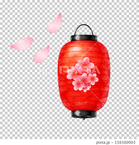 桜の花びらと提灯 水彩イラスト 春の和風あしらい素材 かわいい動きのあるイベントデザイン 138380003