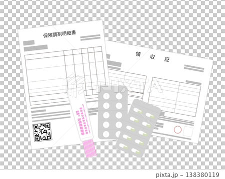 一張示意圖,展示了藥房收到的藥品以及處方詳情/收據。 一張示意圖,展示了藥房收到的藥品以及處方詳情/收據。 138380119