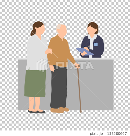 在醫療接待處,一位老人和他們的家人正在接受諮詢:一位陪同人員在醫療接待處提供協助。 在醫療接待處,一位老人和他們的家人正在接受諮詢:一位陪同人員在醫療接待處提供協助。 138380667