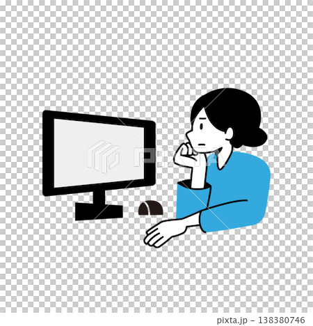 Vector illustration of a woman thinking while looking at a computer. Vector illustration of a woman thinking while looking at a computer. 138380746