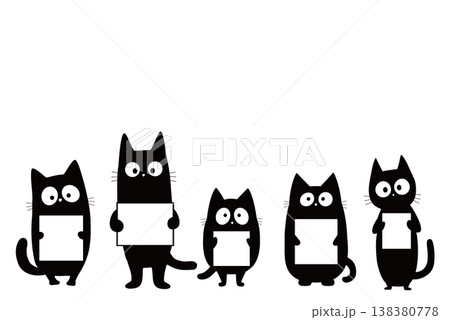 カードを持った黒猫5匹の横並びイラスト　白背景　ベクター素材 138380778