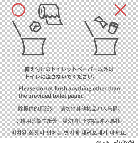 防止異物進入廁所的多語種警告標誌。 138380962