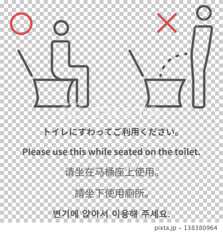 Request to use the toilet while seated (multilingual warning sign) Request to use the toilet while seated (multilingual warning sign) 138380964