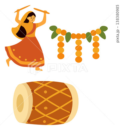 Indian traditional dance with drum and festive garland decoration, cultural celebration scene in flat vector style. Vector illustration 138380985