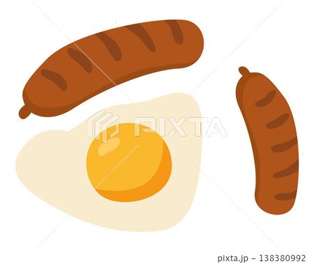 A colorful illustration of sausages and a fried egg. A colorful illustration of sausages and a fried egg. 138380992