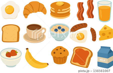 A colorful assortment of breakfast foods including eggs, pancakes, and fruits. 138381007