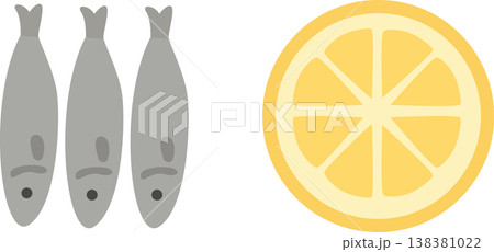 Minimal icon showing three sardines and a lemon slice. Simple seafood illustration perfect for restaurant menus, fish packaging, and culinary graphics. Vector illustration Minimal icon showing three sardines and a lemon slice. Simple seafood illustration perfect for restaurant menus, fish packaging, and culinary graphics. Vector illustration 138381022