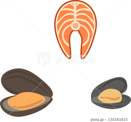 Flat seafood illustration featuring salmon steak and open mussels. Minimal icons suitable for restaurant menus, seafood packaging, and culinary graphics. Vector illustration Flat seafood illustration featuring salmon steak and open mussels. Minimal icons suitable for restaurant menus, seafood packaging, and culinary graphics. Vector illustration 138381025