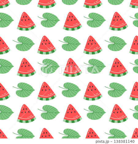 Watermelon slice and leaf seamless pattern cute cartoon tropical style fruit foliage background for summer textile and wrapping paper design 138381140