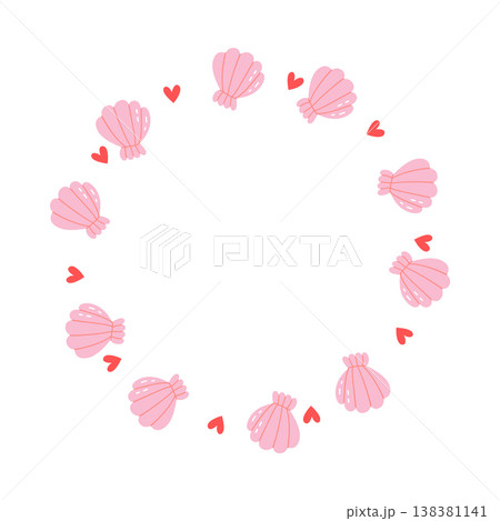Pink shell frame vector cute cartoon style with heart nautical circular wreath for baby shower and feminine card design Pink shell frame vector cute cartoon style with heart nautical circular wreath for baby shower and feminine card design 138381141